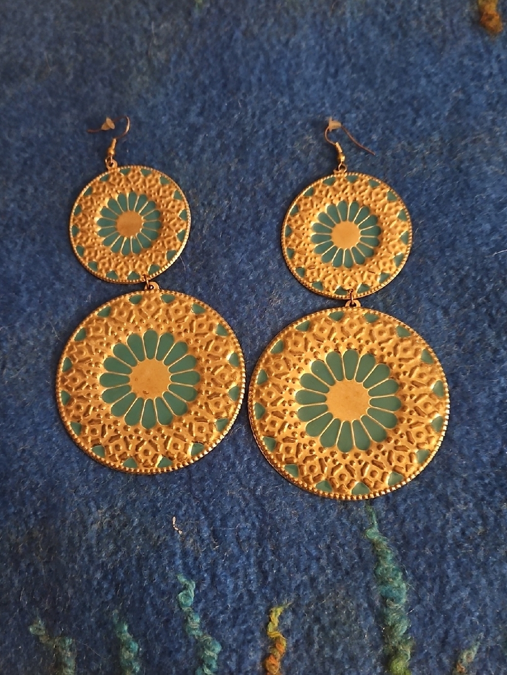 3 For $15 Gold and Teal Floral Filigree Double Disc Drop Earrings.